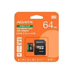 Карта пам'яті microSDXC (UHS-1 U3) A-DATA SPEED PLUS 64Gb Class 10 V30 A2 (R-160Mb/s W140Mb/s) (adapter SD) - мініатюра 2