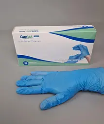 Рукавички одноразові вінілові блакитні CARE 365, розмір S, 100 шт, неопудрені, для огляду, клінінгу та сервісу - мініатюра 3