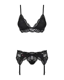 Мереживний комплект білизни Obsessive 810-SEG-1 S/M Black, бюстгальтер, стрінги, пояс для панчіх