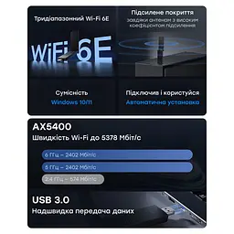 Адаптер WiFi 6E Cudy WU5400 тридіапазонний з USB 3.0 AX5400 (73-00588) - мініатюра 6