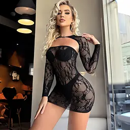 Міні-сукня спокуслива прозора з мережева та довгими нарукавниками S/M/L Чорний - мініатюра 2