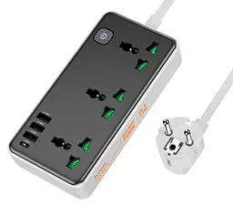 Мережевий фільтр-подовжувач HOCO AC7-A 3 розетки + 3 USB + USB-C, 17 Вт, 220 В, кабель 1,5 м, чорно-білий - мініатюра 1