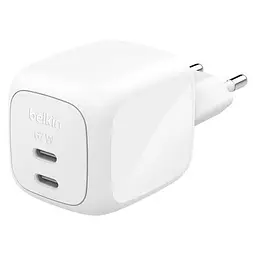 Мережевий зарядний пристрій 2×USB-C GaN PD PPS Belkin BoostCharge Pro 67W White