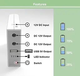 Джерело безперебійного живлення TOTO Mini DC UPS WGP103 5V-12V-12V 32.56 Wh/8800mAh White - мініатюра 7