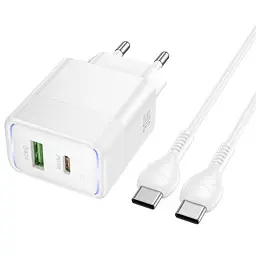 Мережевний зарядний пристрій Hoco CS112A Lounge PD30W+QC3.0 1USB-A/1C + кабель Type-C to Type-C White - мініатюра 2