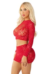 Блискучий комплект кроп-топ і спідниця Leg Avenue Rhinestone One Size, Red, довгий рукав - мініатюра 3