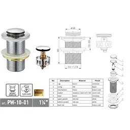 Донний клапан для раковини Koer PW-10-01 без переливу автоматичний Click-Clack 1 1/4″ Хром KR5797 - мініатюра 5