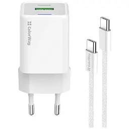 Зарядний пристрій ColorWay C101A GaN Mini 20W PD PPS USB-C + USB-A QC4.0 + cable USB-C to USB-C black (CW-CHS062PDC-WT) - миниатюра 3