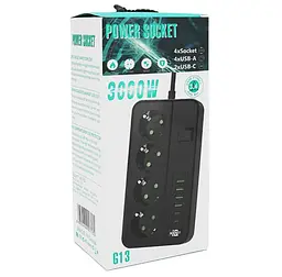 Мережевий фільтр-подовжувач Voltronic G-13H, 3000 Вт, 4 розетки + 4 USB 3,2 А + 2 Type-C + таймер, 2 м, чорний - мініатюра 5