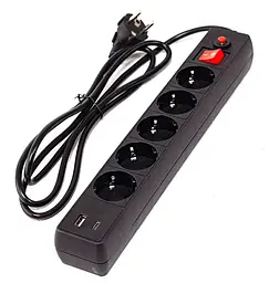 Мережевий фільтр GTL EU05FK, 5 розеток, 5 м, Black, 1xType-C / 1xUSB (2.1A), 10А, до 2.3 кВт, виключатель, заземление, 3x0.75 мм² (GTL-XH-EU05FK-5B)