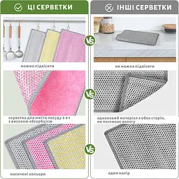 Набір кольорових багаторазових серветок із мікрофібри з абразивною сіткою для посуду, скла та меблів, 3 шт., Kitchen Master Різні кольори 86857 - мініатюра 8