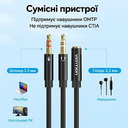Аудіокабель-розгалужувач для ПК Vention 1,5 м спліттер 4-полюсне гніздо 3,5 мм для гарнітури та 2 штекери 3,5 мм для підключення до окремих роз’ємів виходу навушників і входу мікрофона ПК сумісний з OMTP та не підтримує CTIA регульоване розгалуження кабелю чорний (BBTBG) - мініатюра 2