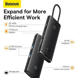 USB-Хаб Baseus Lite Series 6-in-1 (Type-C to HDMI + 2xUSB 3.0 + PD + SD/TF) black (WKQX050101) - мініатюра 10
