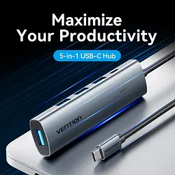 Хаб USB 3.0 Type-C -> 4xUSB 3.0/1xUSB-C, 5Gbps, Black Vention - мініатюра 4