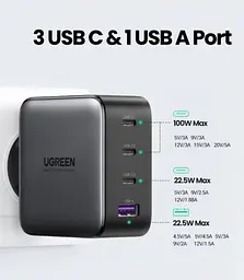 Універсальний портативний швидкий зарядний пристрій Ugreen CD226 GaN 100W 3C1A на 4 USB - мініатюра 3