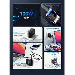 Зарядний пристрій Essager GaN2 Pro потужний QC PD 100W 20V 5A - мініатюра 6