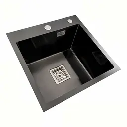 Кухонна мийка Platinum Handmade НSBB PVD 450x450x220 чорна (квадратний сифон.3,0/1,0), Чорний - мініатюра 2