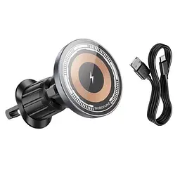 Автотримач BOROFONE BH211+ Wireless Charging 15W, кріплення на решітку, магніт, Black, Box - мініатюра 2
