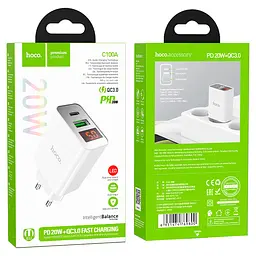 Мережевий зарядний пристрій Hoco C100A PD20W+QC3.0 White [769800] [76039] - мініатюра 7