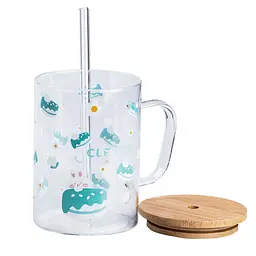 Чашка TS Kitchen скляна дитяча з принтом та бамбуковою кришкою зелена 500 мл HP7214D - мініатюра 2