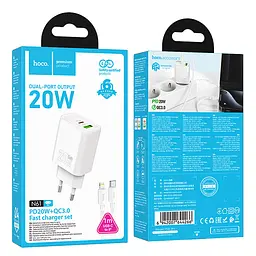 МЗП Hoco N61 Gentle PD20W+QC3.0 (1USB-A/1C) + кабель Type-C to Lightning White - мініатюра 6