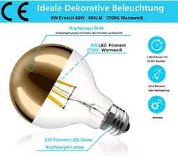 Набір декоративних LED ламп E27 G80 6W 2700K із золотим покриттям, 2 шт - мініатюра 3