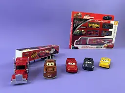 Ігровий набір Тачки (Cars): трейлер-автовоз з 4 інерційними машинками, металопластик, довжина трейлера 23 см, у коробці Q186-156