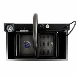 Кухонна мийка 75x45D PVD чорна Platinum Handmade Водоспад декор, Decor - мініатюра 6