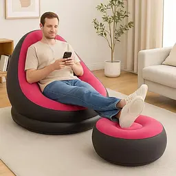 Надувний диван із пуфом Air Sofa / Надувне велюрове крісло з пуфом + насос Рожевий - мініатюра 5
