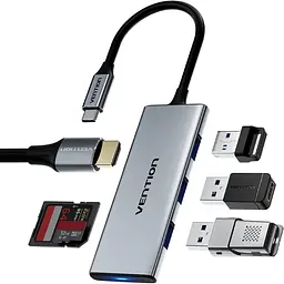Док-станція USB3.0 Type-C --> HDMI 4K30Hz/TF/3xUSB-A 3.0, 0.15м 6-in-1 Vention - мініатюра 2