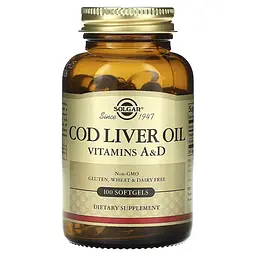 Жир Печінки Тріски (Вітаміни А та D) COD Liver Oil - 100 софтгель Solgar