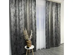 Жакардові мармурові штори сіро-золотистого кольору 2шт. 150х270 з білим шифоновим тюлем 400х270, на ALBO pbe0052755 - мініатюра 2