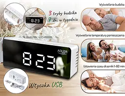 Будильник з світлодіодним зеркальним дисплеєм на USB Adler AD 1189 - мініатюра 6