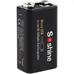 Акумулятор крона 6F22 Soshine 9V 500 mAh з Type-C зарядкою / Батарейка акумуляторна (18885)