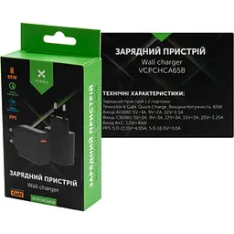 Зарядний пристрій Vinga GaN 65 Вт, PD + QC, настінний, порти: 1xUSB-C + 1xUSB-A (VCPCHCA65B)