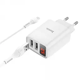 Зарядний пристрій 220 В 2 USB з кабелем USB Hoco з екраном