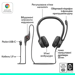 Навушники з мікрофоном - Гарнітура стерео Logitech H390 USB-C Midnight black (чорна) 981-001576 - мініатюра 3