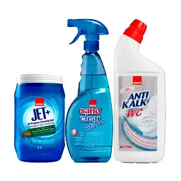 Набір Sano Засіб для чищення унітазів Anti Kalk WC, Універсальний засіб Clear для стекол та поверхонь, Універсальний гель Jet+ Gel з олією сосни (287621, 425646, 993277)