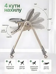 Стільчик для годування 2в1 BabyChair трансформер з регульованою спинкою та столиком, шезлонг, колеса, складаний, Сірий - мініатюра 3
