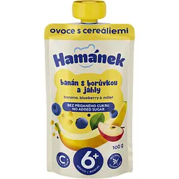 Пюре Hamanek Яблуко, банани, чорниця та пшоно, 100 г