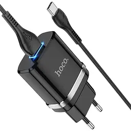 Мережевий зарядний пристрій Hoco N1, 12W 2.4 A з USB-роз'ємом і кабелем Type-C у комплекті чорний - мініатюра 2