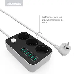 Мережевий фільтр-подовжувач СolorWay 3 розетки/6USB (CW-CHE36B) - мініатюра 3
