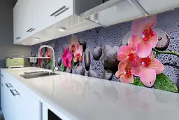 Кухонний фартух Яскраві Орхідеї для кухні наклейка квіти каміння краплі роса Сірий 65х250 см Happy Pocket Z180551