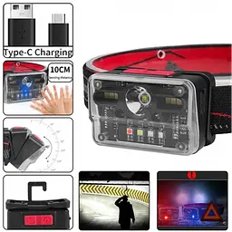 Ліхтар налобний акумуляторний M-006 XPG+8SMD+4SMD із сенсорним керуванням червоний синій зелений білий ультрафіолет - мініатюра 6