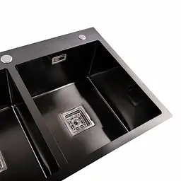 Кухонна мийка Platinum Handmade PVD HDB чорна 780x480x230 на дві чаші (квадратний сифон,3.0/1.0), Чорний - мініатюра 3