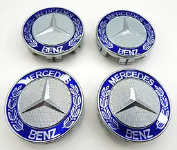 Емблеми коліс Mercedes (Хром + Сині) 75 мм (4 шт)