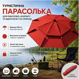 Червона Парасолька туристична з чохлом 210 см / Восьмикутна парасолька для риболовлі, кемпінгу та пляжу - мініатюра 2