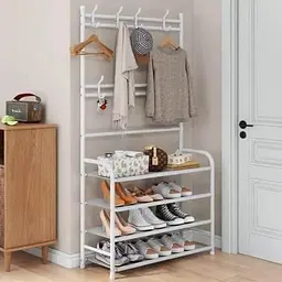 Вішалка підлогова для одягу з полицею для взуття біла New simple floor clothes rack size 60X29,5X151 см
