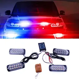 Страбоскоп Світлодіодний 12-24V / LED 4 шт. / 12 Режимів / Червоно-Синій (BS-1-4-12LED R+B) - мініатюра 2