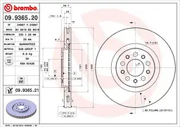 Диск гальмівний вентильований Alfa Romeo Spider, 159, Brera 05-25р Brembo (09.9365.21) - мініатюра 2